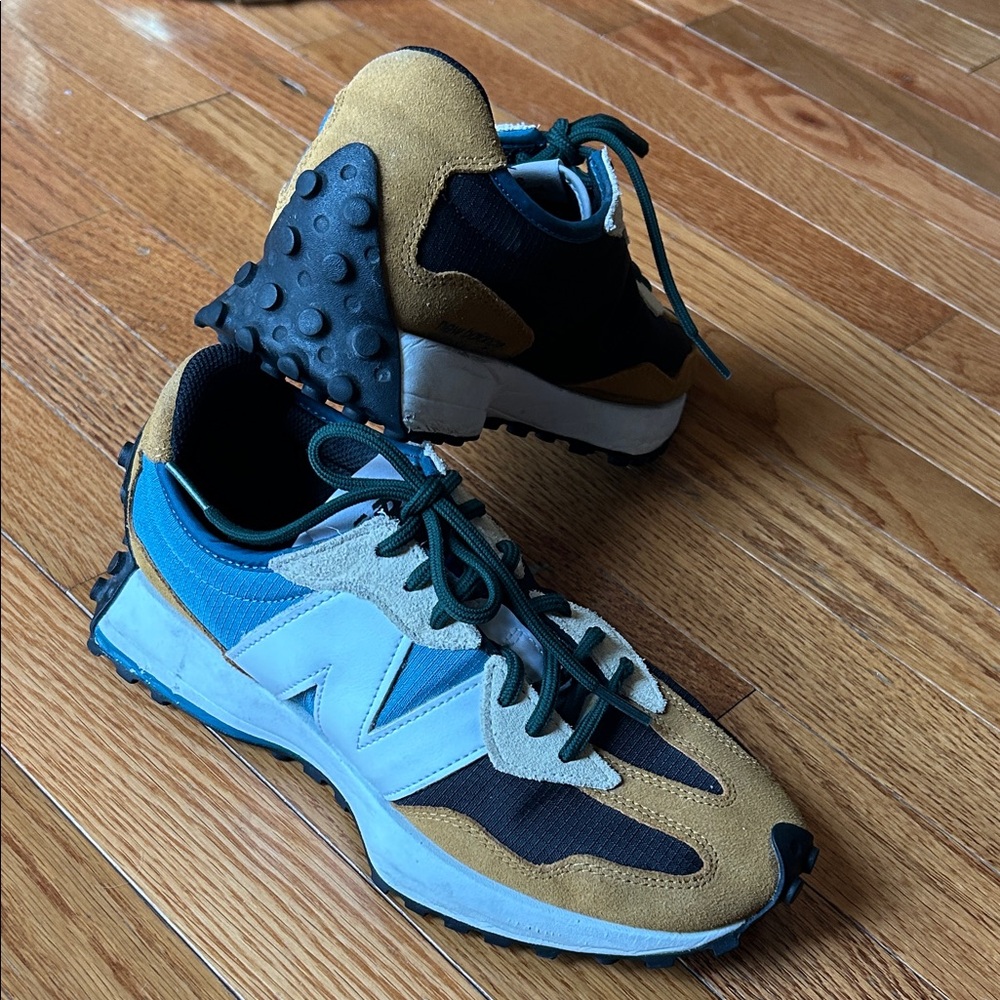New Balance 327 Blue, tan and purple sneakers